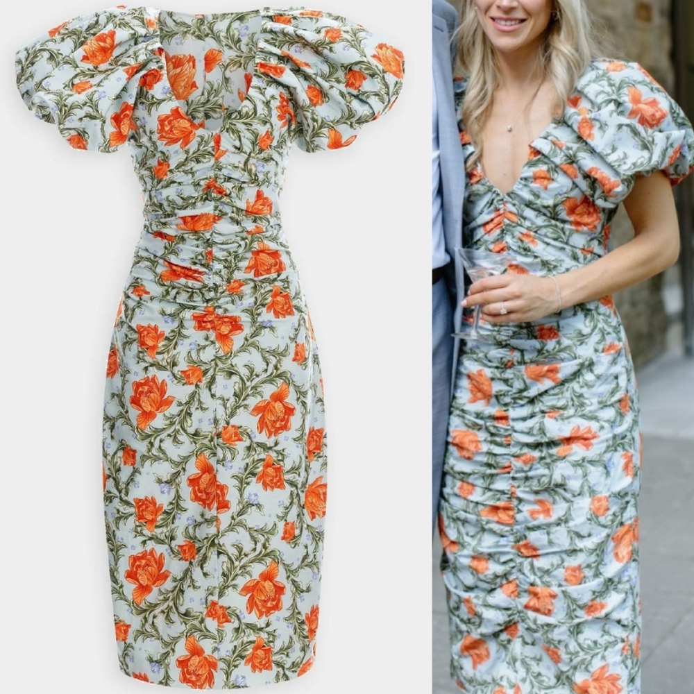 NWT Agua by Agua Bendita Camelia Peonia Atardecer Ruched Midi Dress Large - Picture 3 of 14